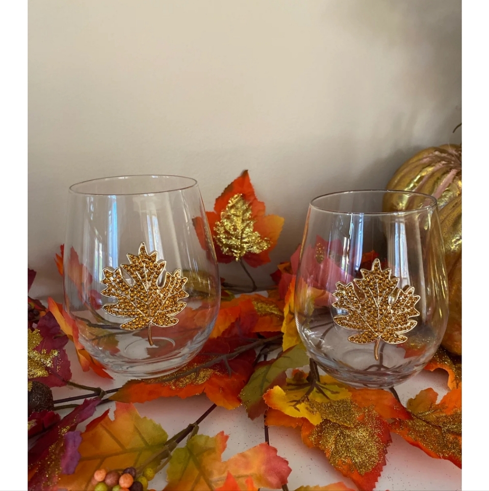 Wellesley Manor Fall Leaves Stemless Wineglasses NEW IN BOX